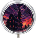 Black Haunted House Pill Box Travel Pill Case for Purse Pocket Weekly Medicine Organizer with Mirror 3 Compartment Round Medicine Case Portable PillcaseHolder for Daily