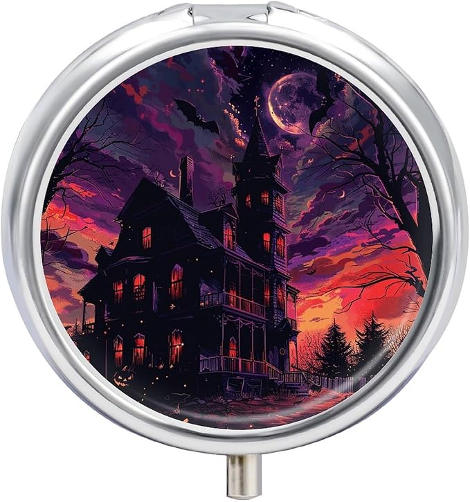 Black Haunted House Pill Box Travel Pill Case for Purse Pocket Weekly Medicine Organizer with Mirror 3 Compartment Round Medicine Case Portable PillcaseHolder for Daily