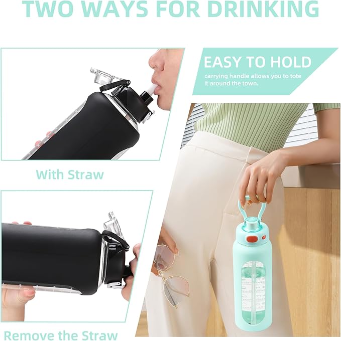 SIEROZUR 32 oz Glass Water Bottle with Straw and Handle 1 Liter Glass Water Bottle with Silicone Sleeve and Time Marker Sports Water Jug Wide Mouth for Travel Gym