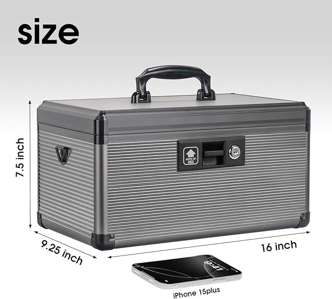 Medicine Lock Box with Key, Alluminum Alloy Box for Medication,First Aid Box with a Removeable Tray to Store Medicines & Pills for Home, Black,16 * 9.25 * 7.48 Inch