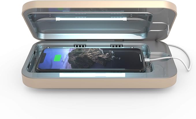 PhoneSoap 3 UV Cell Phone Sanitizer & Dual Universal Cell Phone Charger Box | Patented & Clinically Proven 360-Degree UV-C Light Sanitizer | Disinfects and Charges All Phones (Light Gold)
