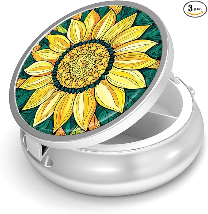Pill Box-3 Compartment Small Pill Case for Purse & Pocket Mini Metal Pill Holder Travel Pill Container to Hold Supplements Vitamins BPA-Free (Sunflower)