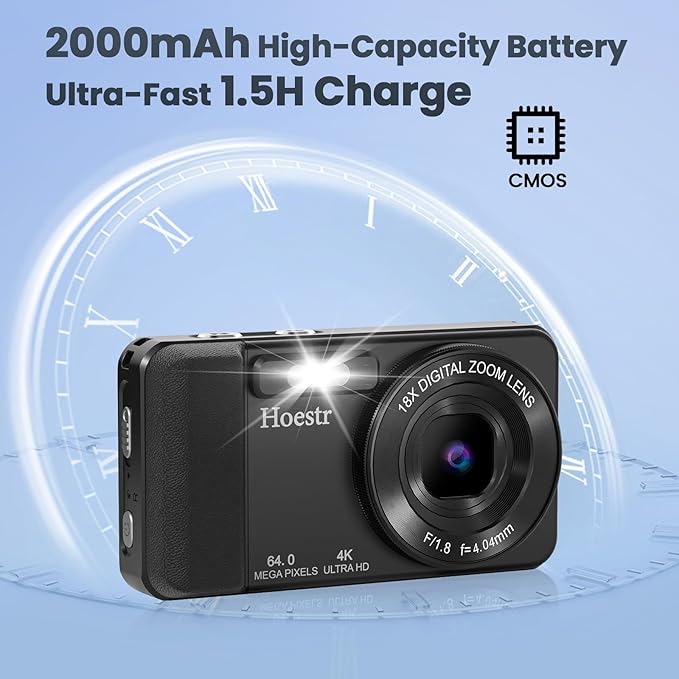 64MP 4K Digital Camera, Hoestr 18X Zoom Autofocus Point and Shoot Compact Camera with 64GB TF Card, Flash, 2.8" LCD Screen for Teens Adult Beginner Travel Photography Vlogging（Black）