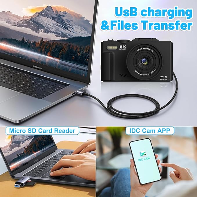 5k Digital Camera,75mp Cameras for Photography with 18x Digital Zoom & Autofocus,3" 180° Flip Screen,WiFi Vlogging Camera for YouTube Video,Photography Cameras for Beginners,With32GB Card & Flas