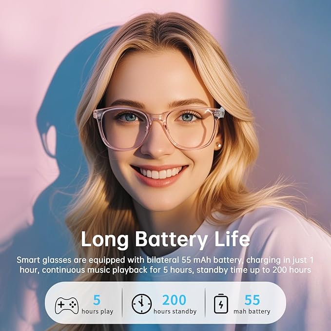 Smart Glasses for Women, Blue Light Filtering Lenses，Bluetooth 5.3, Audio & Mic, Intelligent Touch,Open-Ear Clear Sound Audio Glasses with Bluetooth, Ultralight Comfortable Design for Working.