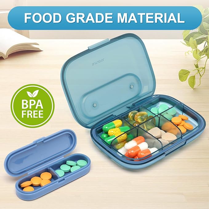 Toplive 6 Compartments Small Pill Case Travel Pill Organizer Pocket Medication Travel Case Portable Small Pill Container with Magnet Light-Proof Mini Pill Box, Blue
