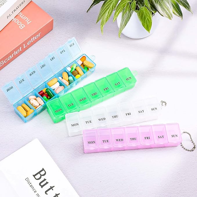 4 Pack Weekly Pill Organizer, Portable Pill Box 7 Day Pill Cases Travel Medicine Organizer for Vitamins, Supplements and Medications