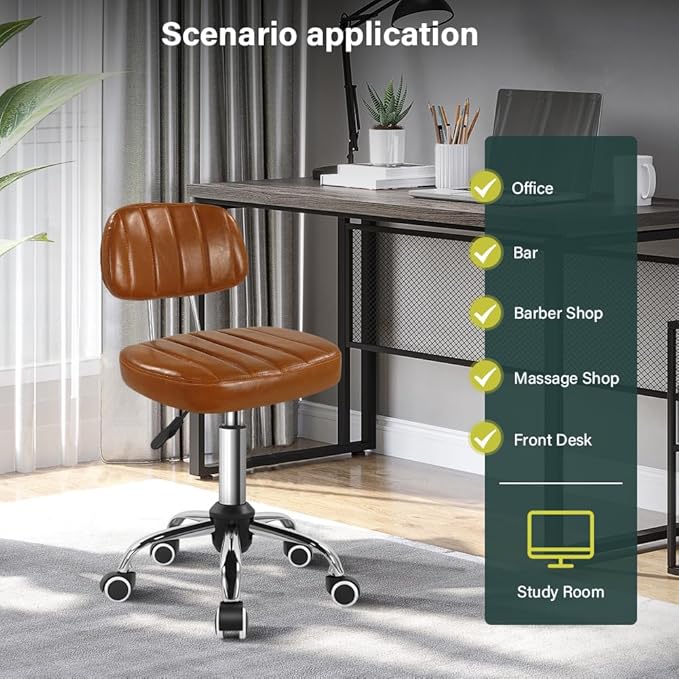 Square Swivel Stool with Wheel for Work SPA Shop Massage Height-Adjustable and Cost-Effective Rolling Stool Chair with Back (Brown)