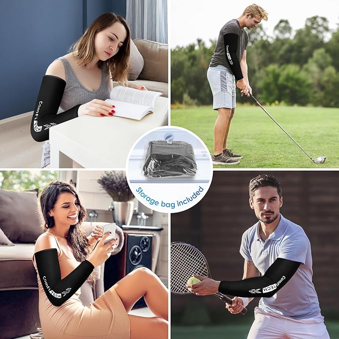 ComfiTECH 2 Pack Full Arm Cold Wrap with Flexible Gel for Athletes, Reusable Cooling Ice Pack for Elbow, Forearm, and Upper Arm, Large, Black
