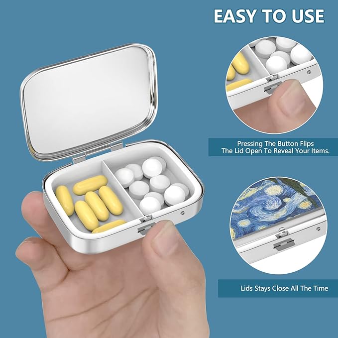 Pill Box 2 Compartment Small Pill Case,Portable for Pocket or Purse Pill Organizer Pill Container Holder to Hold Vitamins, Medication, Fish Oil and Supplements(Gray Marbling Gold)