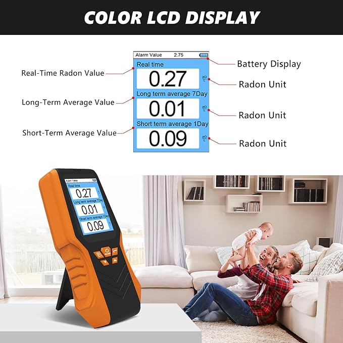 Portable Radon Detector for Home, Radon Tester with LCD Display, Short & Long Term Radon Monitoring, Real-time Monitoring, Bq/m3 & pCi/L Selectable for Office, Underground Garage, Cellar