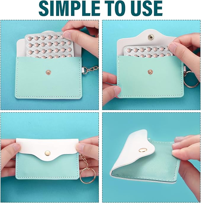 Tondiamo 2 Pack Birth Control Pill Case Holder PU Leather Pill Sleeve Packet 4.33 x 3 Inch Discreet Birth Control Pouch with Snap Closure Key Ring for Pills Card Organizer(Yellow, Green)