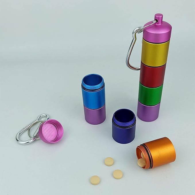 Small Portable Metal Pill Organizer Case Keychain, Stackable Waterproof Travel Cute Pill Box Holder,Aluminum Alloy Pill Container,Compartment for Holding Supplements, Vitamins and Medicine