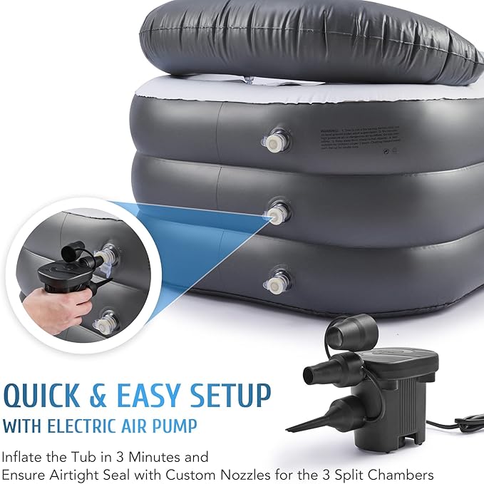 CO-Z Inflatable Bathtub With Electric Air Pump, Portable Tub With Blow Up Bath Pillow Cover, Drainage Cup Holder, Foldable Outdoor Freestanding Tub for Adults, Gray