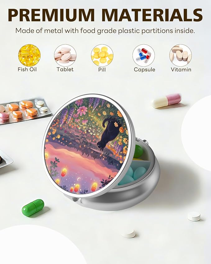 LRITER Pill Case, Portable Travel Pill Box, Pillbox Organizer, Cute Small Medicine Storage Container, Purse Accessories for Women, Men (Cat and Flower)