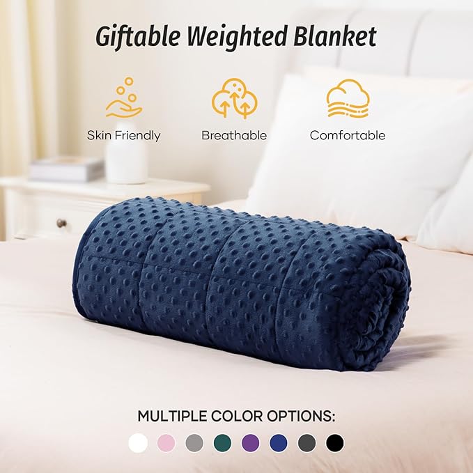 Wemore Minky Dot Weighted Blanket for Adults Twin Size 20 lb, Soft Heavy Blanket for Stress Relief and Sleep Promotion, Breathable Blanket for All-Season with Glass Beads, Navy Blue 60 x 80 inches