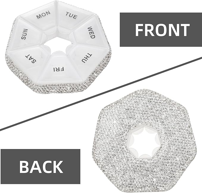 Round Pill Organizer Small Weekly Pill Case for Purse Bling Cute Medicine Pill Box Compact Vitamin Container 7 Day Daily Pill Holder Planner(White)