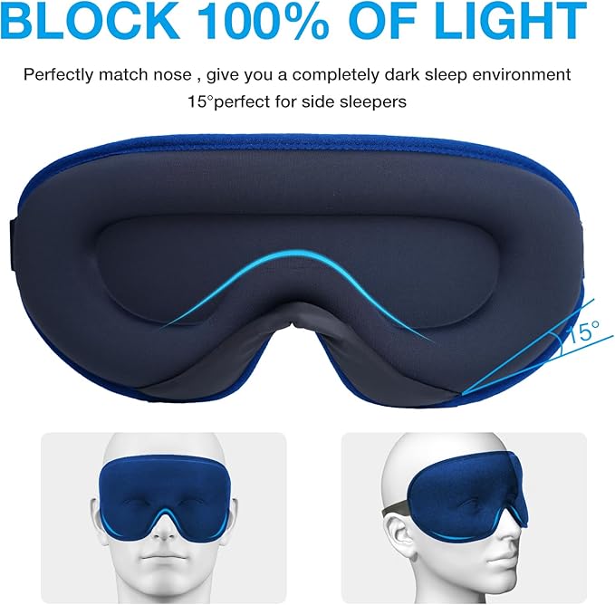 LYSIAN Cooling Sense 3D Sleep Eye Mask for Women Men, Eye Mask with Contoured Design with 5 Pair Ear Plugs, Block Light for Deep Sleep - Blue