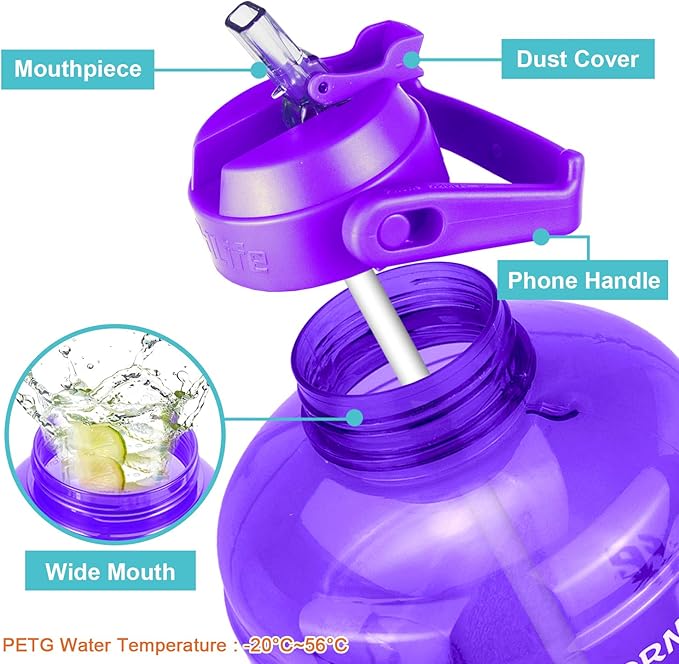 QuiFit 1 Gallon Water Bottle - with Straw & Motivational Time Marker Leak-Proof BPA Free Reusable Gym Sports Outdoor Large(128OZ/73OZ) Capacity Water Jug