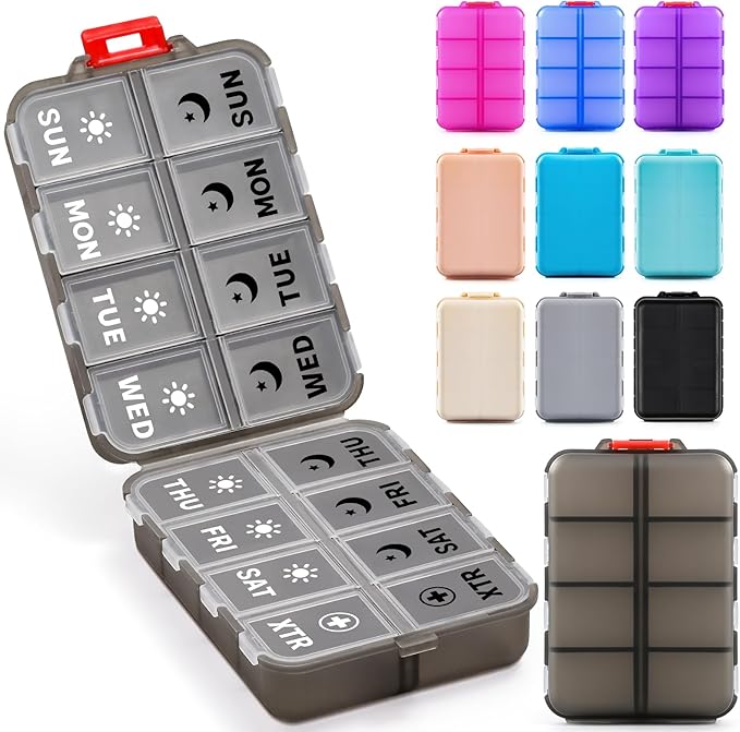 Foldable Weekly Pill Organizer 2 Times a Day with 2 Extra Compartments (Clear Printed Labels) - 7 Day AM PM Medicine Box, Week Daily Travel Pill Case Holder for Vitamin, Supplement - Clear Black