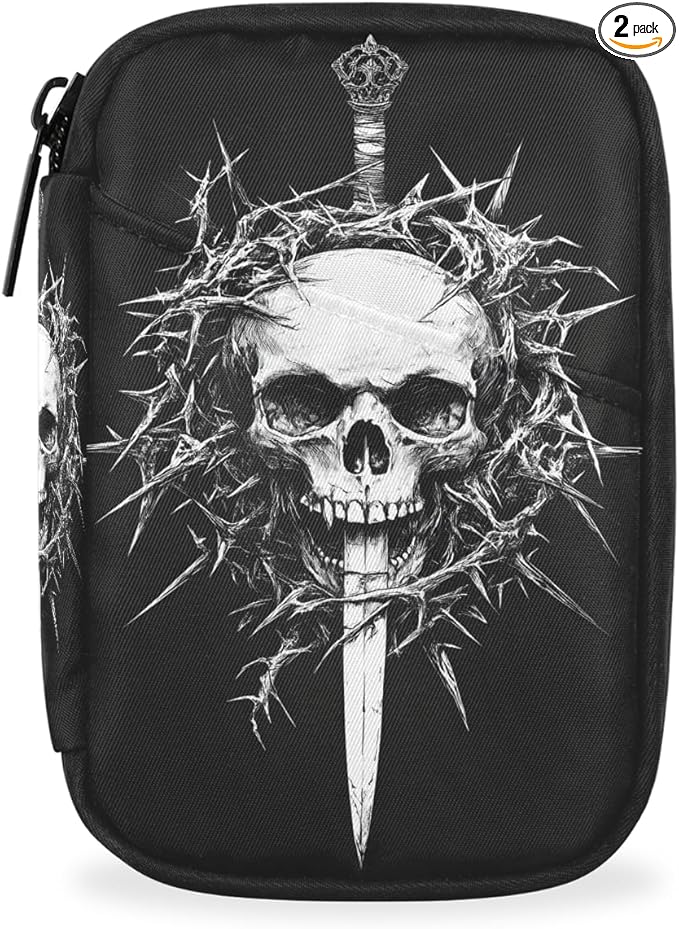 White Skull Art Pill Case Travel Pill Organizer Weekly 7 Day Portable with Zipper Medicine Box Pill Case for Vitamins, Birth Control,Fish Oils,Medication, Supplements