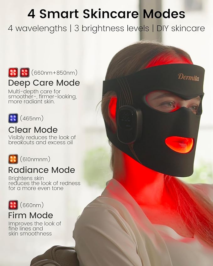 Red Light Therapy for Face Wireless with 400 Leds, 360° Led Face Mask Light Therapy with 4 Modes & Near-Infrared, 2000mAh Rechargeable Led Face Mask with Eye Protection for Anti-Aging & Radiant Glow
