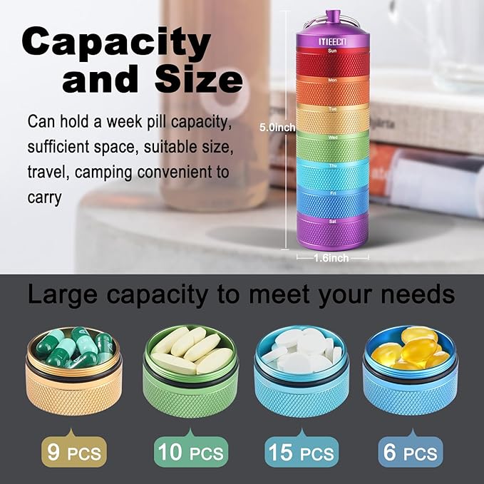 Weekly Metal Pill Organizer for Outdoor Travel, Aluminum, Waterproof, That is Shockproof and Has Large Compartments for Storing Vitamins, Fish Oil, Emergency Pills