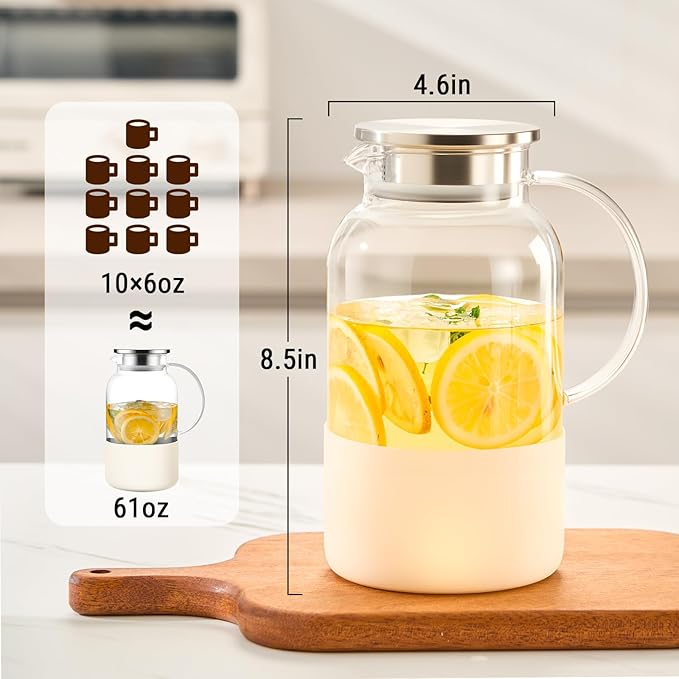 PARACITY Water Jug Water Pitcher with Silicone Base 61oz/ 1.8L, Hot& Cold Glass Pitcher with Lid and Handle, Glass Carafe with Lid for Coffee, Juice, Lemonade and Milk (Off-white base)