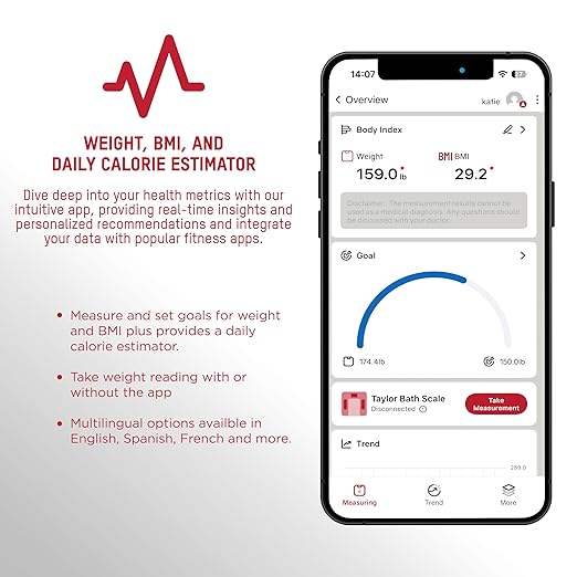 Taylor Smart Bathroom Scale with Precision Hub App, Digital Body Weight Scale, 400 lb Capacity, 8 User Profiles, Smart App Connectivity, Sync to 3rd Party Apps, BMI Tracking, Glass Platform, Charcoal