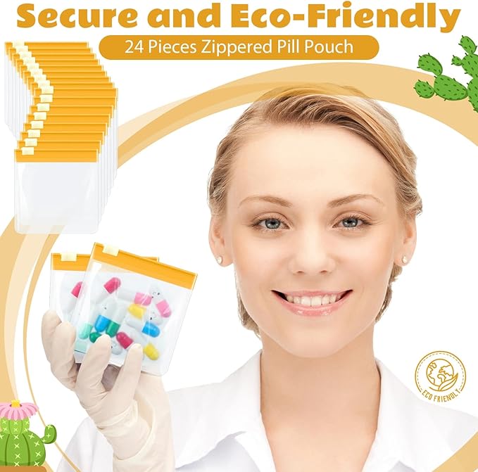24 Pieces Pill Pouch Bags Zippered Set Reusable Translucent Medicine Organizer Sealing Travel Plastic Bags with Slide Lock for Storage(Yellow)