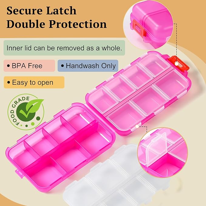 Travel Pill Organizer with Bulk Stickers & Labels - Small & Portable Daily Medicine Pharmacy for Pocket, Bag - 14-Compartment Foldable Supplement Box Holder for Fish Oil Vitamin - Clear Pink