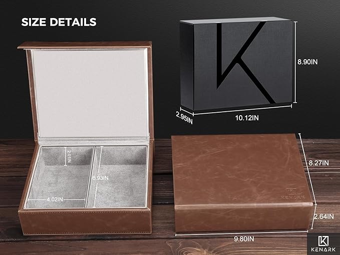 KK7 PLUS-BR Faraday Key Fob Protector Box with 2 Slots, RFID Signal Blocking Shielding Box for Car Keys, Anti-Theft Vintage Faraday Cage with High-Grade Protein Leather, Brown - Size: XL