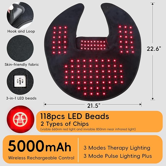 Cordless Red Light Therapy for Neck & Shoulders Pain Relief, 5000mAh 850nm Infra Device for Upper Back Muscle Relax with Timer, Rechargeable 660nm Wearable Heating Pad, for Women Men