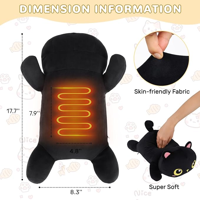 Cat Heating Pad for Period Cramps Menstrual Pain Relief, Portable Electric Heat Pads USB Powered, Cute Black Cat Plush Stuffed Animals Gift, Funny Cats Gifts for Women Teen Girls Birthday Christmas
