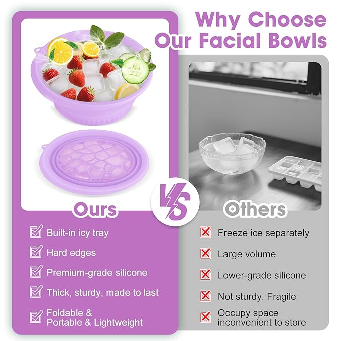 Face Bowl for Ice With Built-in Ice Tray Collapsible Silicone Facial Face Ice Bath Bowl Small Reusable Cold Plunge Basin is Portable,Perfect for Home Use,Camping,Travel Cold Bath Spa Tool & Purple