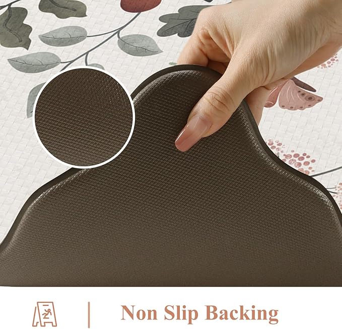 Collive Anti Fatigue Mats for Kitchen Floor, Scalloped Waterproof Kitchen Rugs Sets of 2 Padded Floral Rug, Memory Foam Comfort Standing Mat Non Slip for Office, Sink, Laundry, Beige