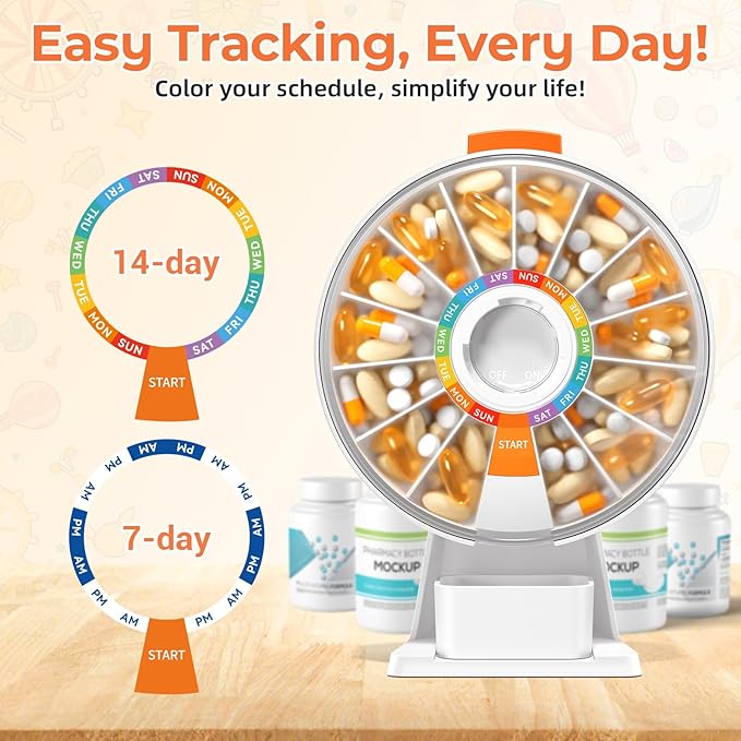 Zoksi Large Fun Pill Dsipenser, Daily Pill Box for 7 or 14 Days, Wall-Mountable or Tabletop Weekly Pill Organizer Hold for Medicine, Vitamin or Supplements, Pill Case with Easy Press Button (White)