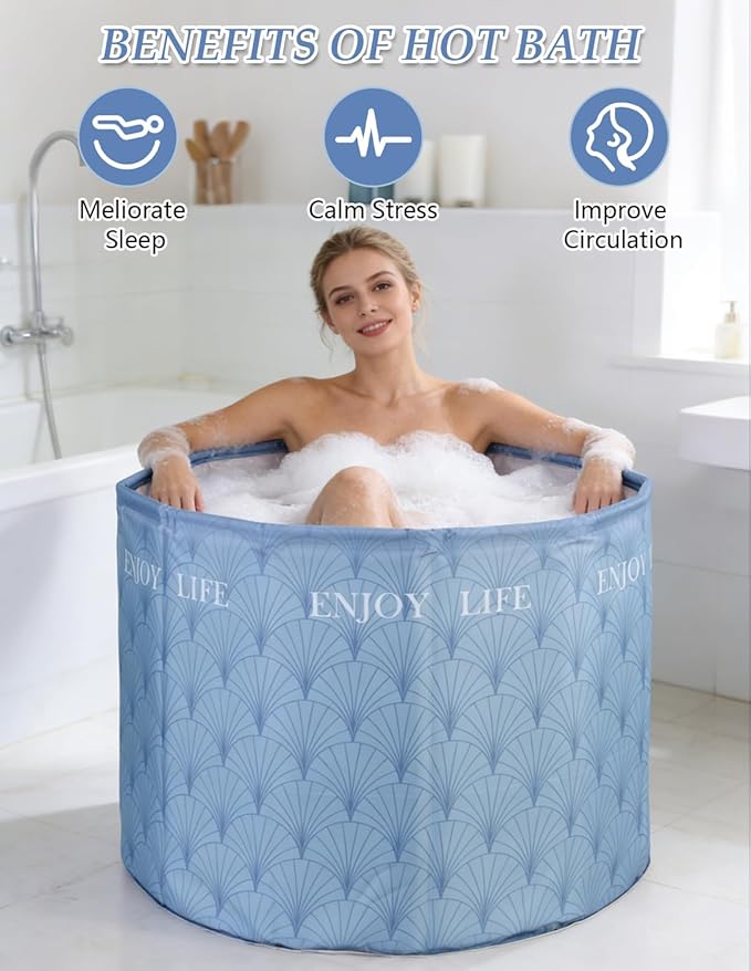 Portable Bathtub for Adults, Collapsible Freestanding Bathtub for Shower, Hot Ice Bath Tubs with Thickened Thermal Foam to Keep Temperature, PVC Outdoor Soaking Tub (Blue)