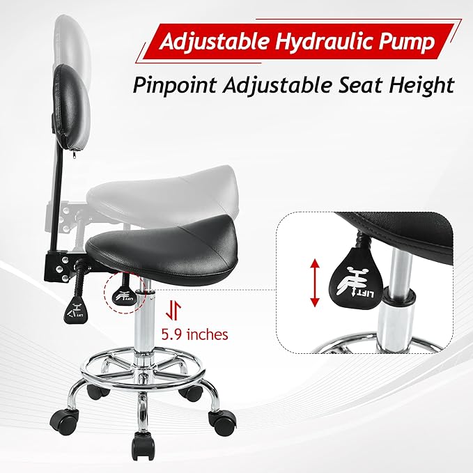 Saddle Stool with Back Support, Rolling Stools with Foot Rest, Ergonomic Backrest Adjustable Height & Angle Salon Stool with Wheels for Salon Spa Tattoo Massage