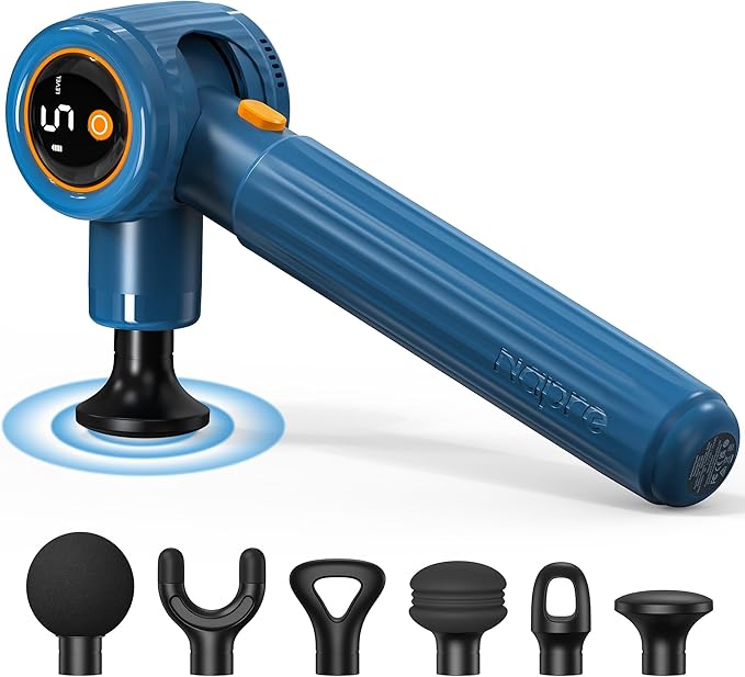 NAPRE Handheld Back Massager,Deep Tissue Neck Massager for Shoulders/Waist/Legs/Body Pain Relief,Cordless Percussion Muscle Massage Gun with Extension Handle & 3 Adjustable Angles,6 Heads,Blue