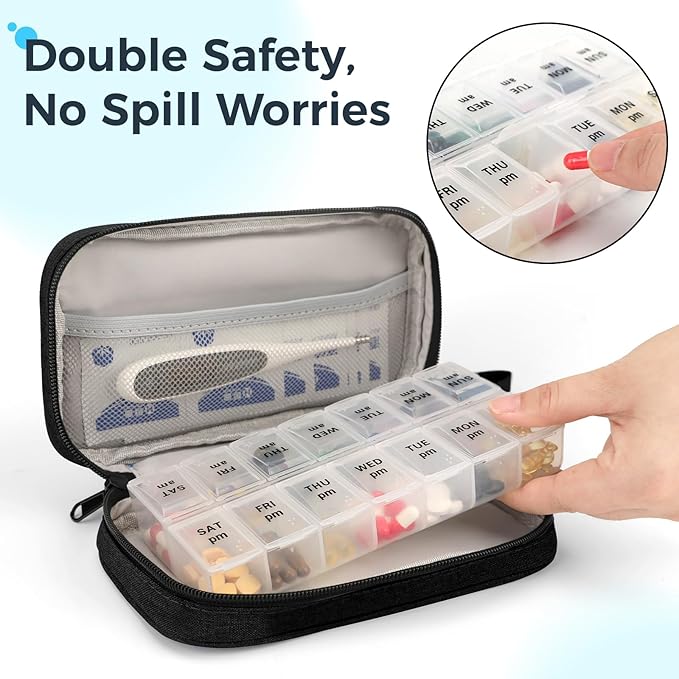 Weekly Pill Organizer 2 Times a Day, Travel Pill Box 7 Day with Large Opening, Pill Case with Handle, Pill Dispenser Medicine Organizer for Vitamins, Fish Oils, Medications, Supplements(Black, Large)