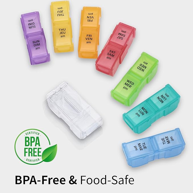 7-Day AM/PM Pill Organizer, Built-in Pill Cutter, Detachable Small Daily Pods, Portable Travel Case, Purse-Friendly, Rainbow Color