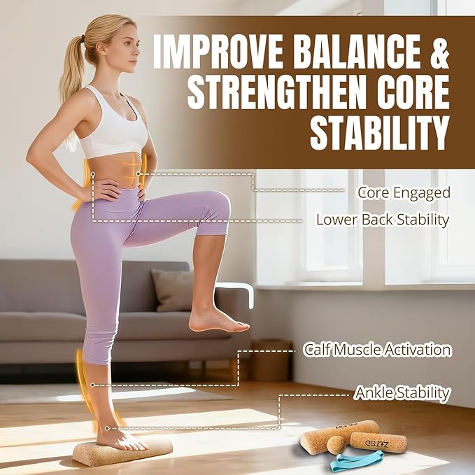 Natural Cork Balance Board Kit - 4-in-1 Foot & Ankle Training Set with 2 Balance Boards,Mini Roller, Massage Ball & Toe Resistance Bands - Portable Balance Trainer for Runners, Athletes & Seniors - Tan