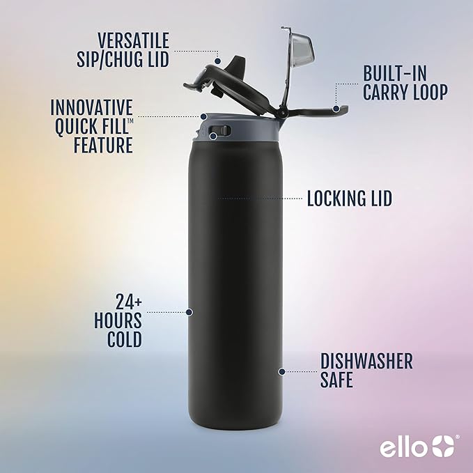 Ello Pop & Fill Insulated Stainless Steel Water Bottle with Quick Fill Lid, Leakproof Locking, Sip or Chug Spout, BPA-Free, Double Wall Vacuum Insulated for Sports, Travel & School- 22oz / 32oz / 40oz