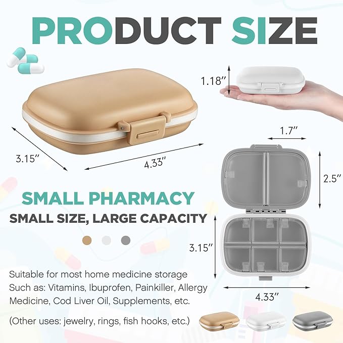 Layhit 30 Pcs Travel Pill Organizer Bulk with Labels Portable Daily Pill Dispenser 8 Compartments Medicine Storage Case for Vitamins, Fish Oils, Supplements (White,Gray,Khaki)