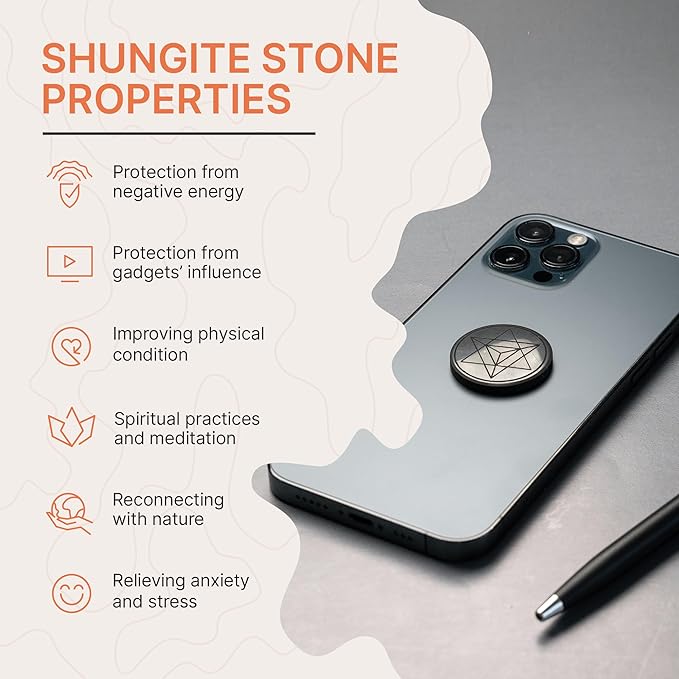 Cell Phone Protection Blocker Shungite Stickers 2 pcs Merkaba & Metatron Sacred Symbol Engraved | Round Sticker Plates for Gadget Smartphone Laptop | Polished Shungite Stone Plates S583