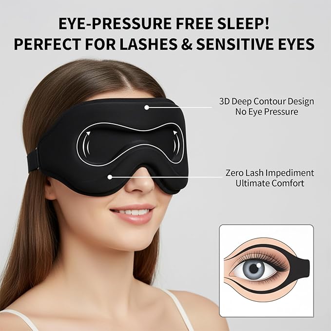 3D Sleep Mask with Hot Cold Gel Layer, Memory Foam Blackout Eye Mask, Zero Pressure Cups for Lashes, Adjustable Strap, Black