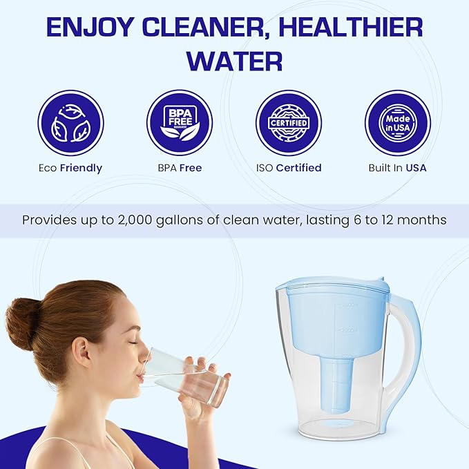 Crystal Quest Water Filter Pitcher - 12-Cup Capacity, Includes 1 Long-Life Filter, BPA Free, Meets NSF Standard 42 - Filters up to 2,000 Gallons – Alkalizing/Blue