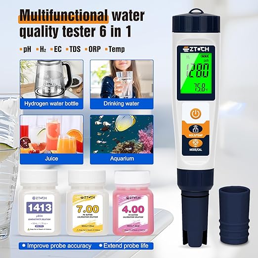 Hydrogen Water Tester pH H2 ORP Meter, Hydroponic pH TDS EC Meter, 6 in 1 pH H2 ORP TDS EC Temp Tester for Drinking Water and Pool, Dissolved Hydrogen Tester for Hydrogen Water Bottle