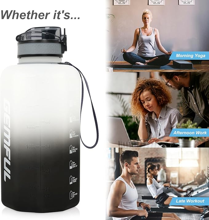 GEMFUL Half Gallon Water Bottle with Time Marker 74oz BPA-Free Leakproof Jug for Gym Workout 2.2L Large Capacity (White/Black no Straw)